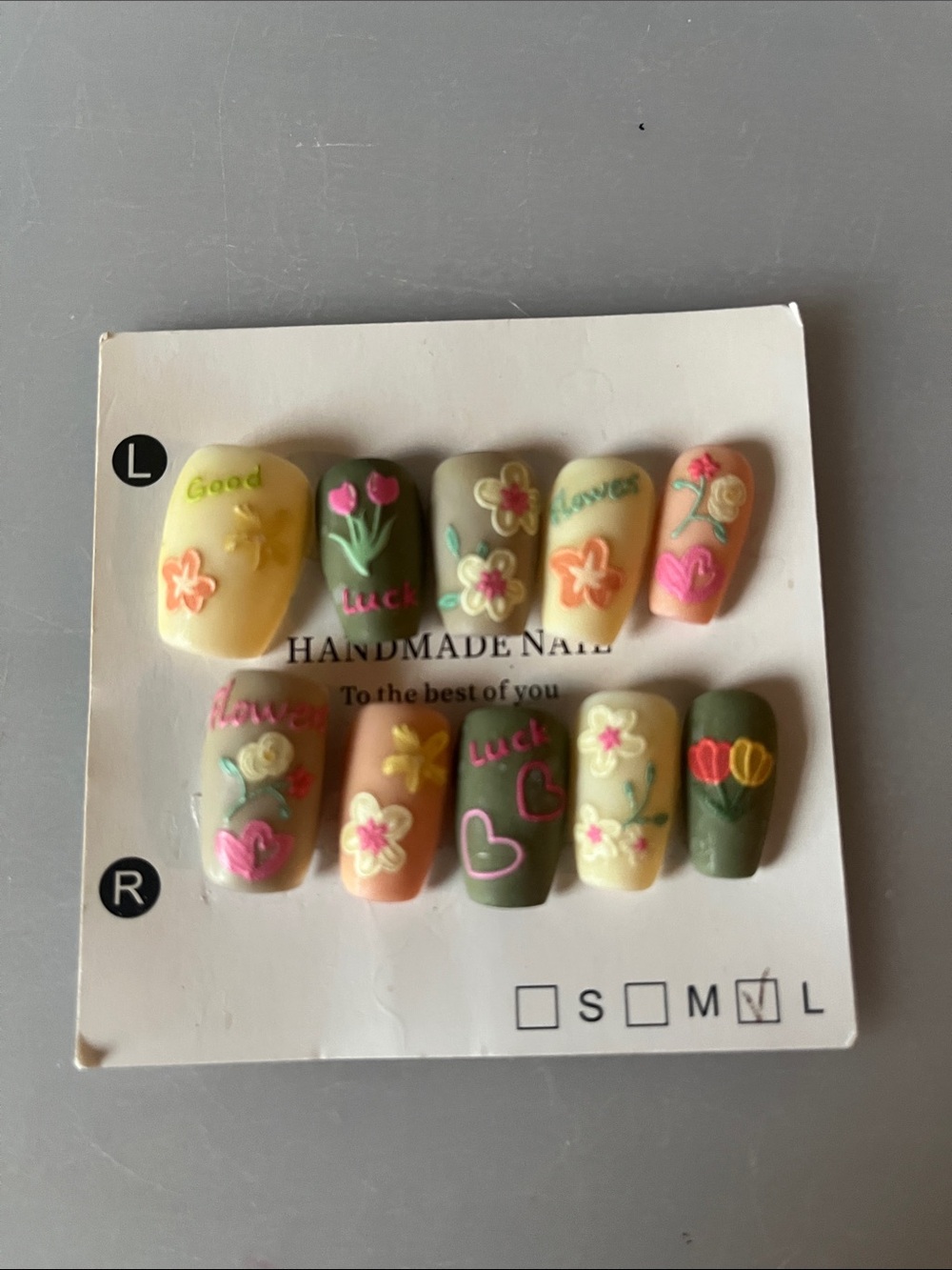 Handmade Floral Press-On Nail Set in Pastel Yellow, Green and Pink